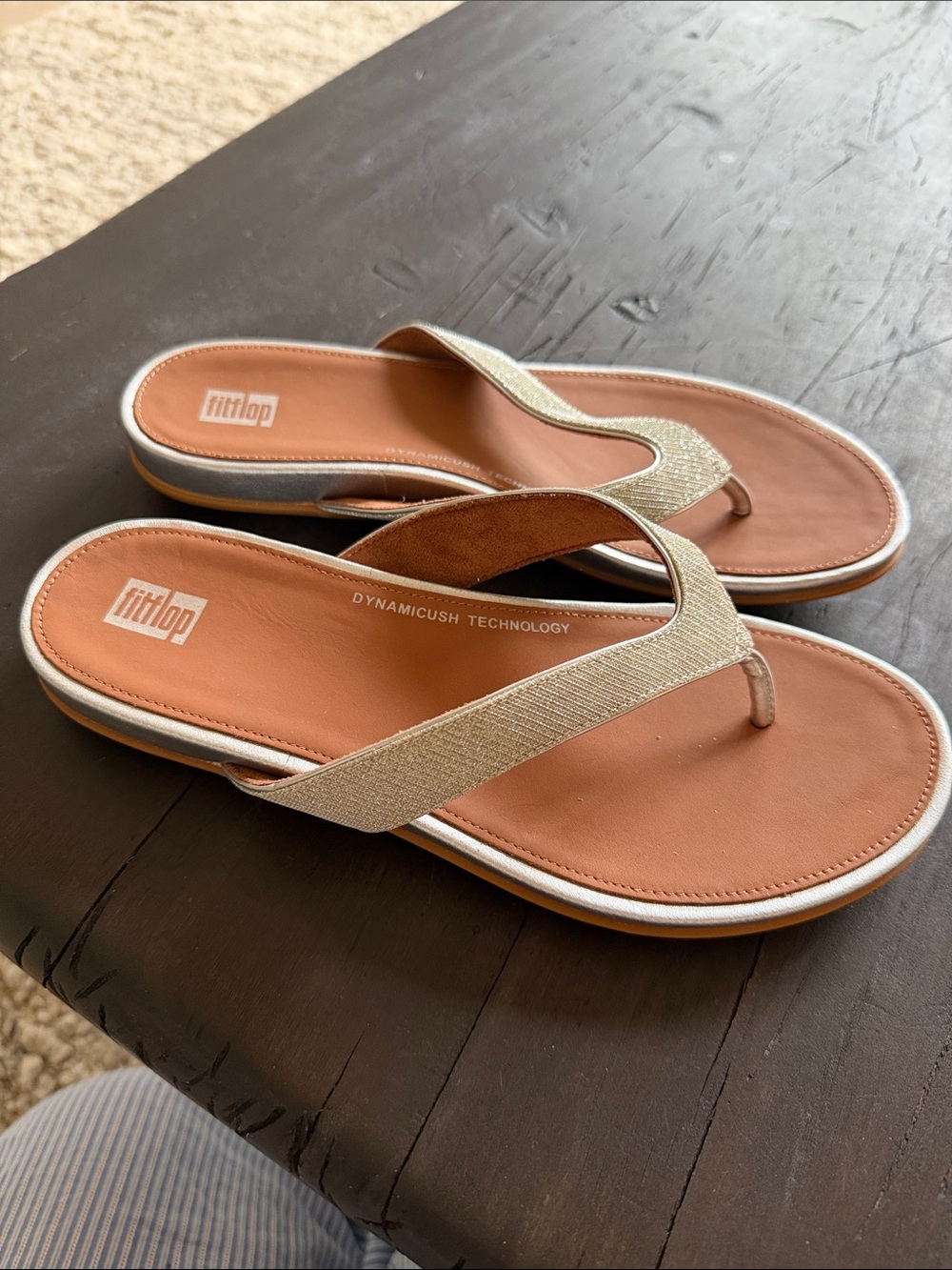 FitFlop Women's Gold Fabric Thong Sandals with Tan Footbed